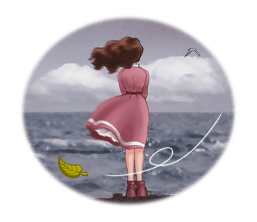 The daughter from Princess Maker 2, standing with her back to the viewer and facing the ocean. The sky is cloudy with a singlle seagull flying, and a dead leaf flutters by in the wind.