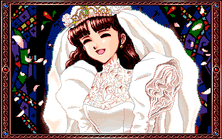 The daughter from Princess Maker 2, all grown up and in a wedding dress, with a joyful expression on her face. There's stained glass behind her.